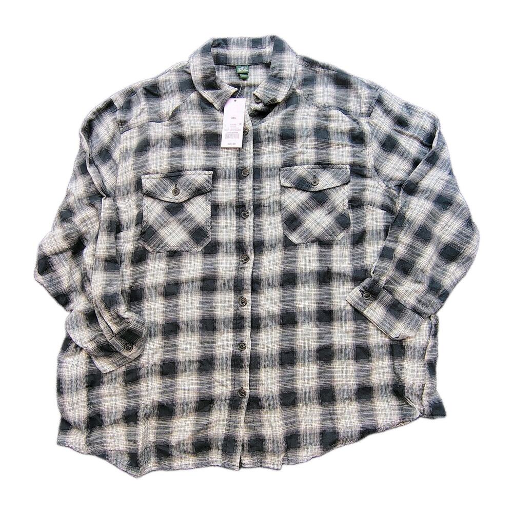 New Wild Fable Woman’s XXL Plaid Flannel Button-Up Gray Black White with Pockets